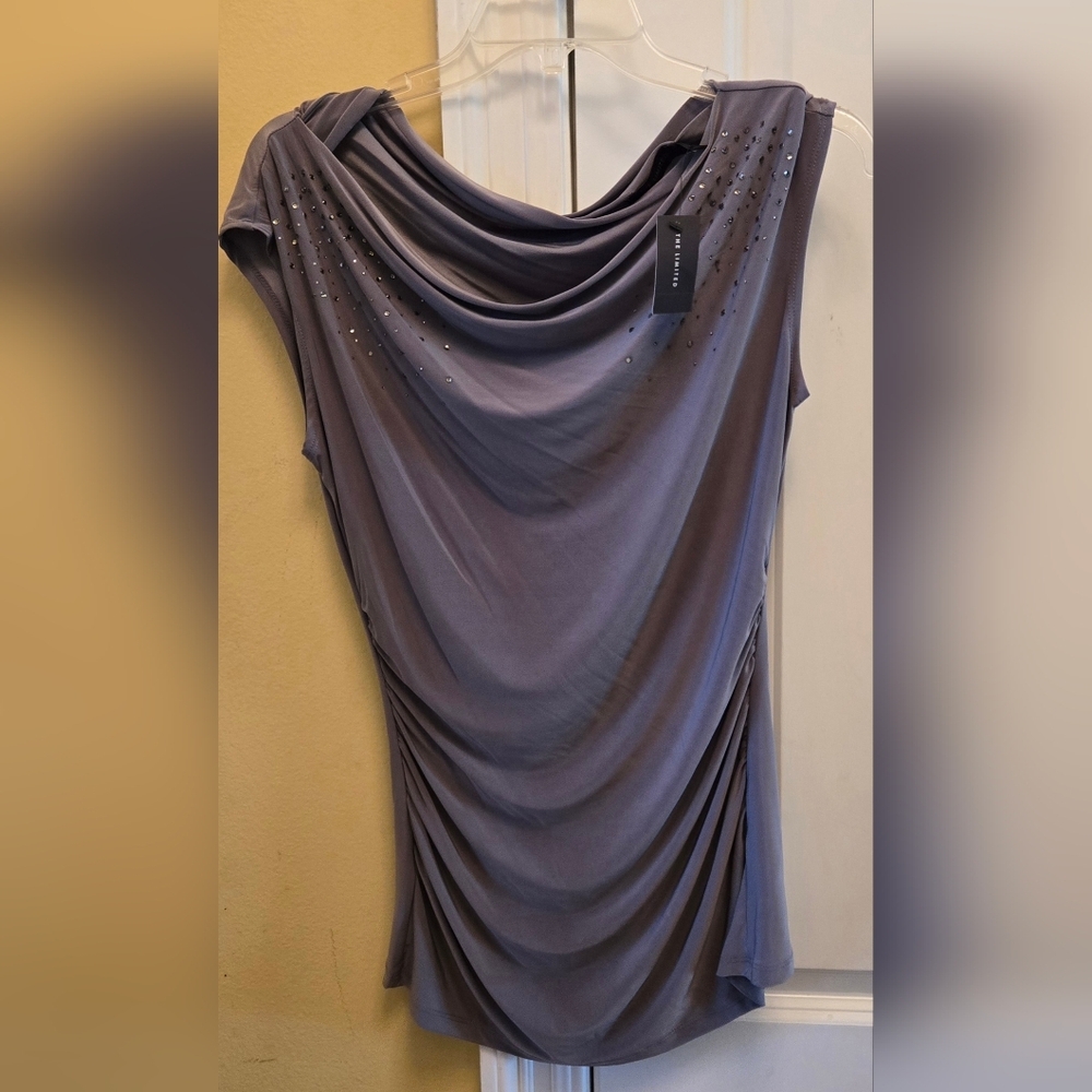 The Limited Gray Asymmetrical Ruched Cowl Neck Top With Embellished Stones Y2k